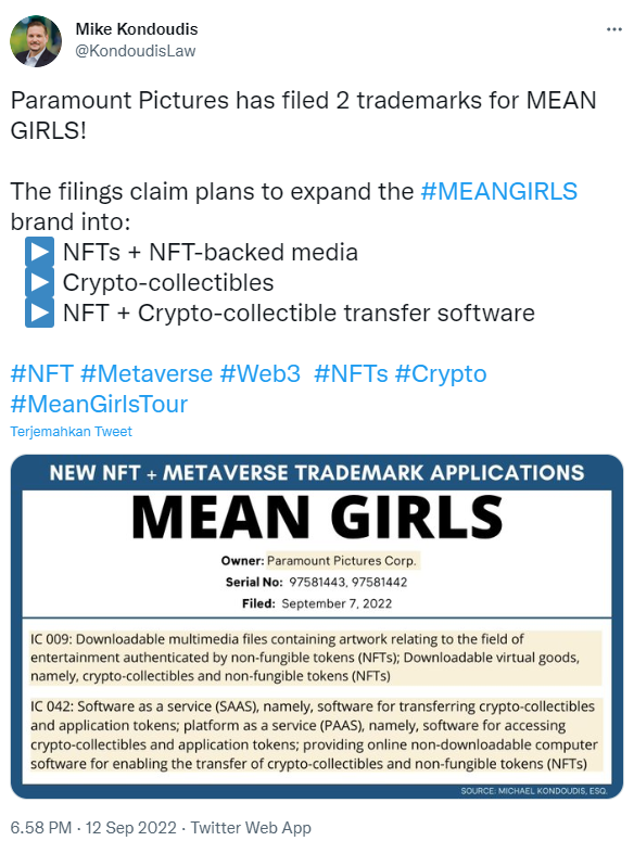 Crypto news indonesia, situs berita cryptocurrency & blockchain - cuitan mike kondoudis tentang trademark mean girls
